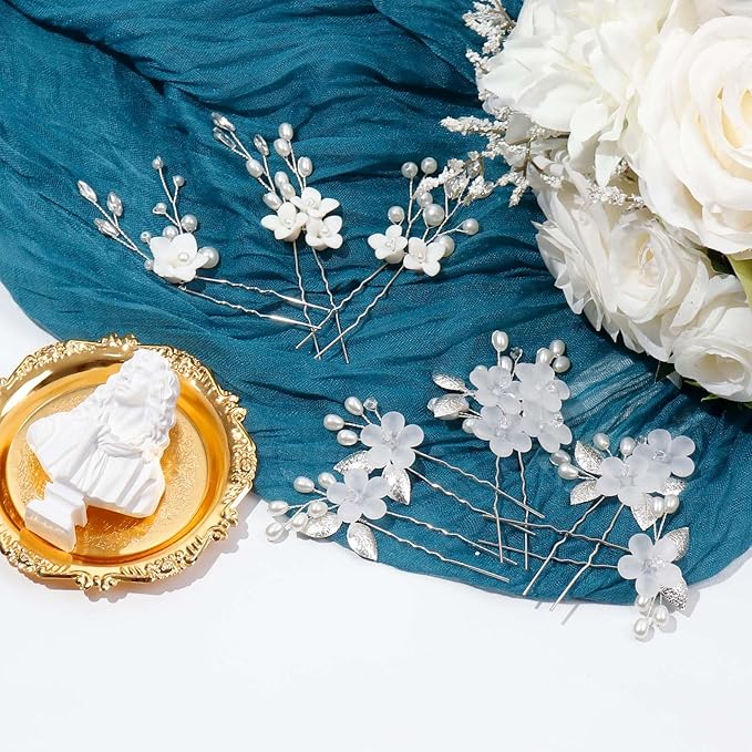 8Pcs Silver Bridal Wedding Hair Pins,White Flower Leaf Hair Piece Pearl Rhinestone Hair Clips,Hair Accessories for Women Brides Bridesmaid