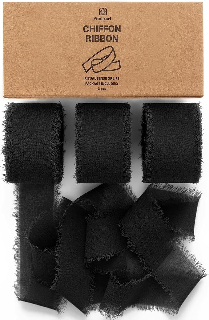 Vitalizart Black Chiffon Silk Ribbon 1" x 21 Yd Fringe Fabric Package by Vitalizart