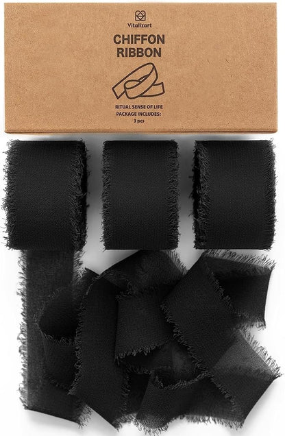 Vitalizart Black Chiffon Silk Ribbon 1" x 21 Yd Fringe Fabric Package by Vitalizart