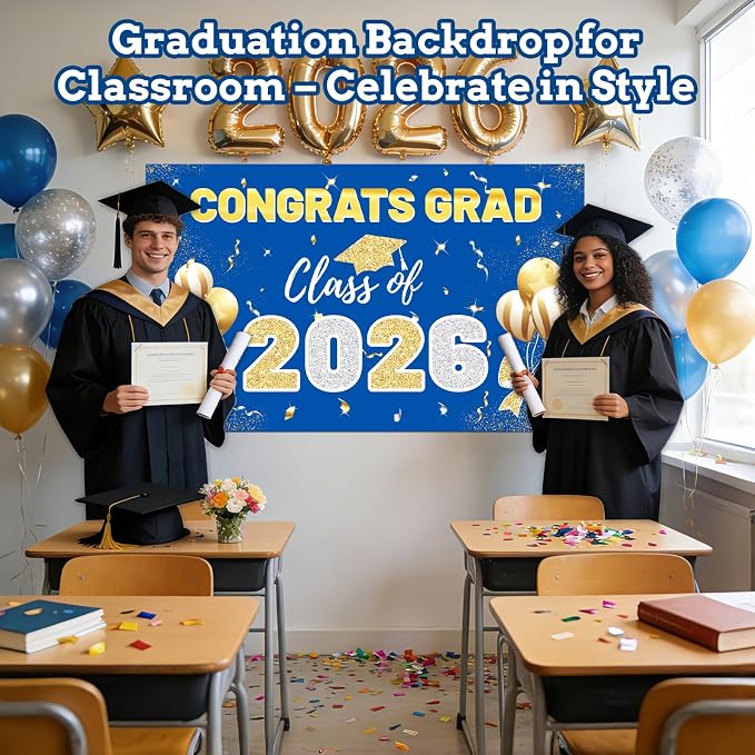 STARSIDE 2026 Graduation Backdrop 70.8x43.3 Inch Blue Gold | Congrats Grad - Image 4