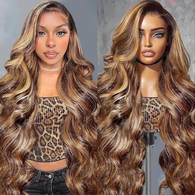 AMIRTY 250 Density Highlight Ombre Lace Front Wig Human Hair Honey Blonde Body Wave 13x6 HD Lace Front Wigs Human Hair Pre Plucked Brown 4/27 Colored Lace Frontal Glueless Wigs for Women 18 Inch