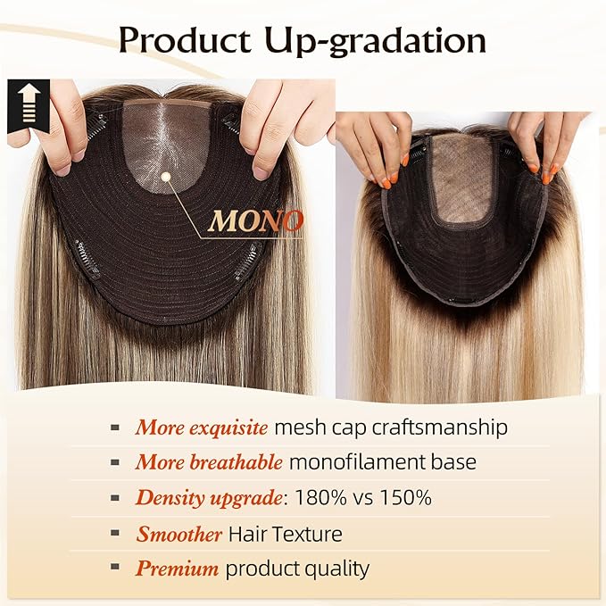 MONO TOP Hair Toppers for Women Human Hair 12 Inch 7"×8" Big Base Partial wig Cover Thinning Hair or Loss No Bangs Top Hair Pieces Natural Wiglets (Blonde Mixed)