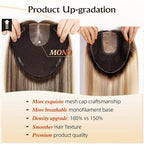 MONO TOP Hair Toppers for Women Human Hair 12 Inch 7"×8" Big Base Partial wig Cover Thinning Hair or Loss No Bangs Top Hair Pieces Natural Wiglets (Dark Brown Highlights)