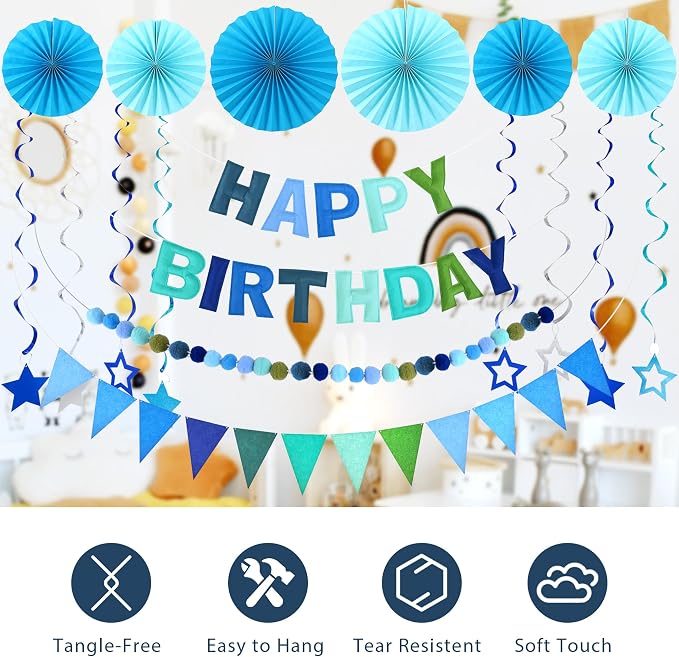 CANREVEL 17 PCS Pre-Strung 3D Blue Happy Birthday Banner, Happy Birthday Felt - Image 5