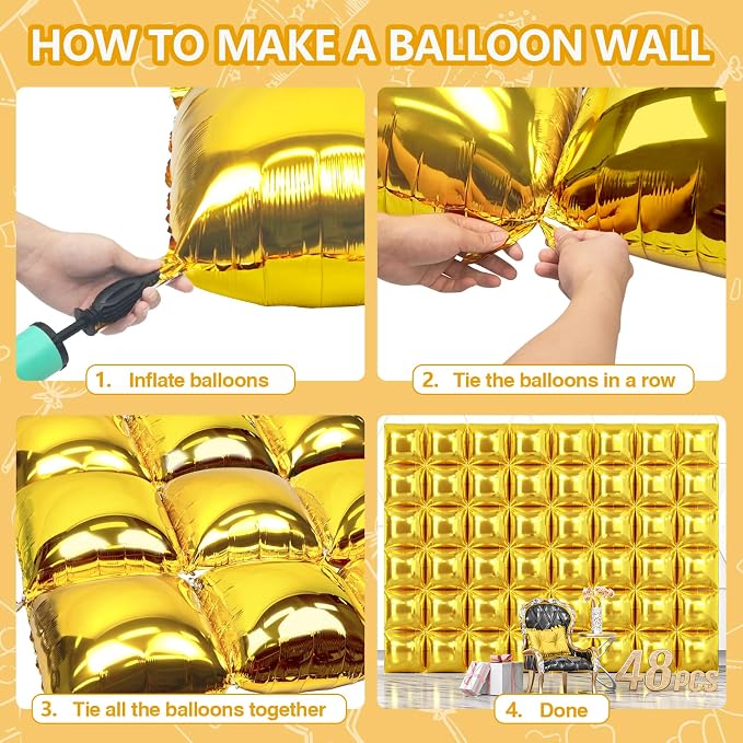 NISOCY 48PCS Metallic Gold Square Foil Balloons Wall Backdrop | Double Sided - Image 4