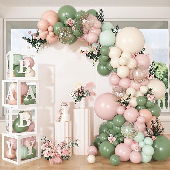 153Pcs Pink and Sage Green Balloon Baby Shower Decorations by Amandir