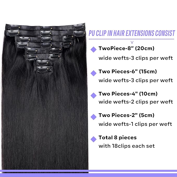 Seamless Clip in Hair Extensions Real Human Hair Straight Remy Human Hair Clip in Extensions for Women, Natural Soft Silk Human Hair PU Thin Weft 8Pcs 120g 16inch #1B Natural Black