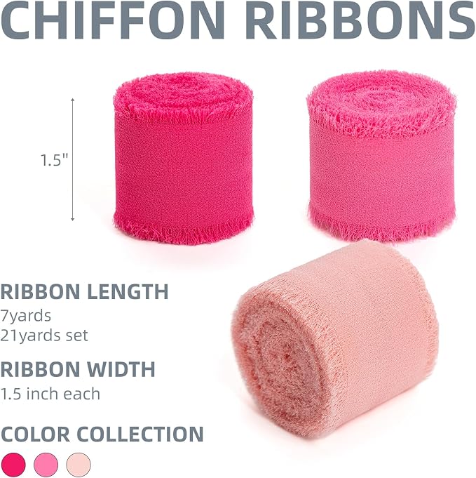 KEOSREE Hot Pink Pastel Pink Chiffon Ribbon, 1.5" x21Yd | Handmade Frayed Silk - Image 2