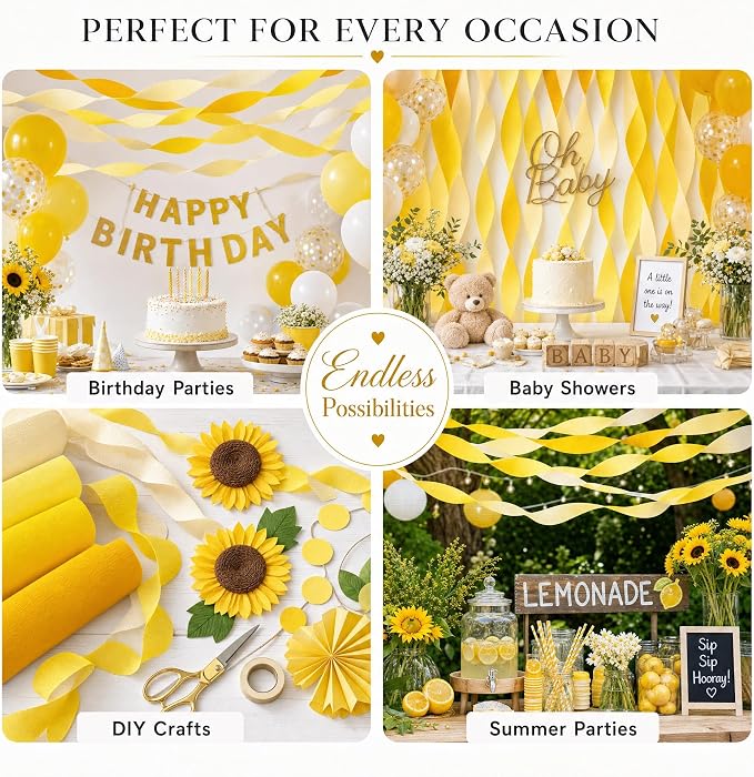 8 Yellow Streamers with White, 656ft Pack of Crepe Paper Party Decorations | - Image 5