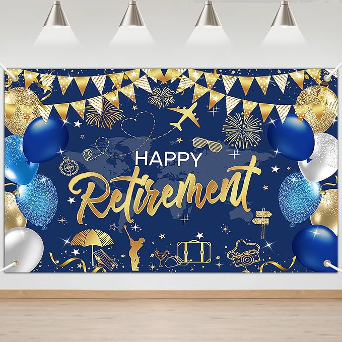 Mocsicka Happy Retirement Party Decorations Backdrop Banner 6x3.6ft | Blue Gold by Mocsicka