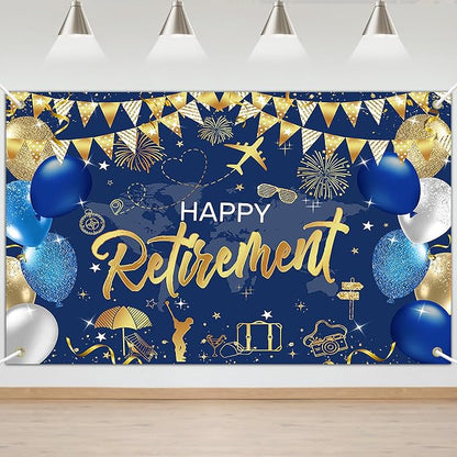 Mocsicka Happy Retirement Party Decorations Backdrop Banner 6x3.6ft | Blue Gold by Mocsicka