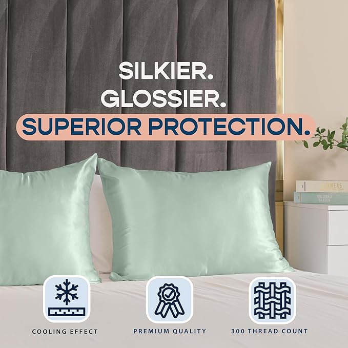 BLISSFORD Satin Pillowcase with Zipper, for Hair and Skin Care, Feels Soft and Cool Like a Silk Pillowcase, Satin Pillow Cases 2 Pack, Slik Pillow Cover, Mint - King Size, Set of 2