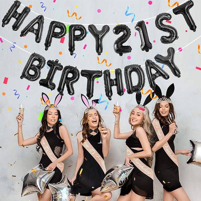 Black Happy Birthday Balloon Banner Set -16" Foil Letters Balloons | 76pcs - Image 4