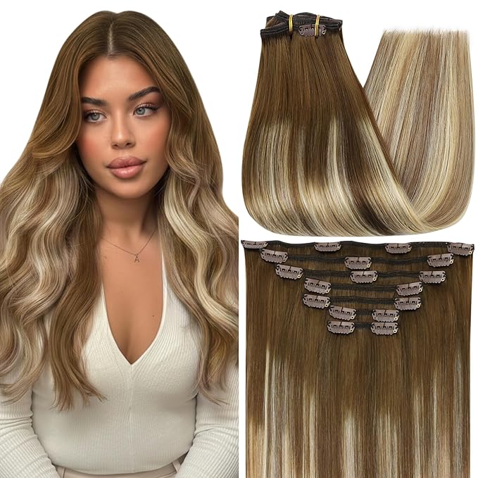 Full Shine Clip in Hair Extensions Real Human Hair Balayage Double Weft Clip in Extensions Straight Remy Hair Extensions Medium Brown Ombre Blonde Short Natural Human Hair 12 Inch 7 Pcs 95 G