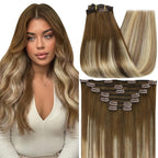 Full Shine Hair Extensions Real Human Hair Clip ins 16 Inch Invisible Clip in Extensions Remy Hair 7 Pcs Balayage Brown Ombre Ash Brown Mix Blonde 4/27/60/8 Hair Extensions for Fine Hair 120 G