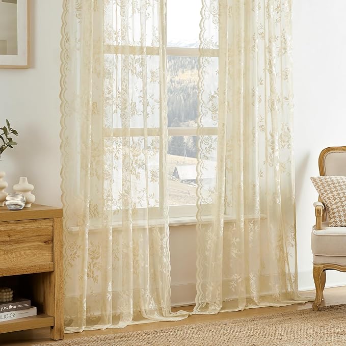 SEEKRIGHT Beige Lace Curtains 90 Inches Long Victorian Floral Sheer Curtains - Image 2