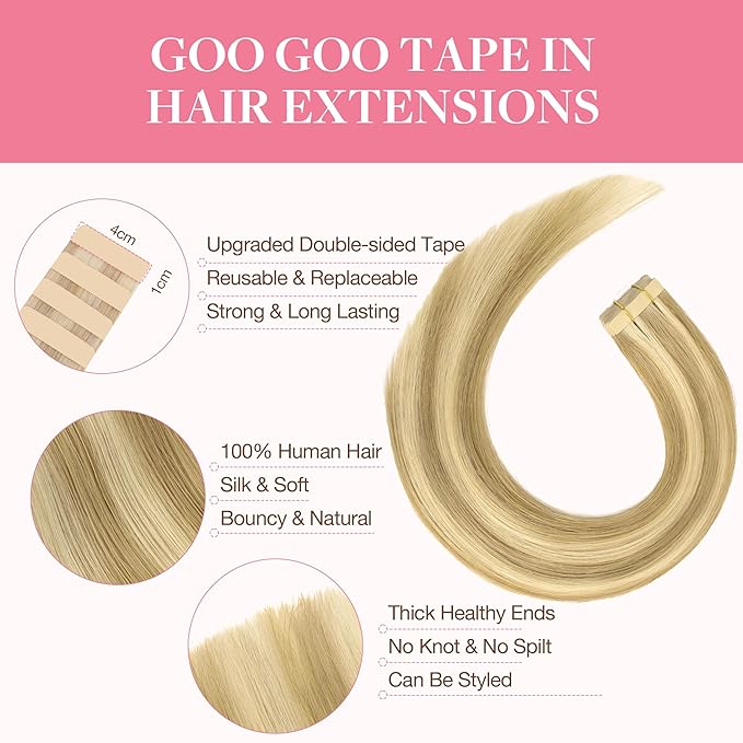 GOO GOO Tape in Hair Extensions Human Hair, 16/22 Light Blonde Highlighted Golden Blonde, 10inch 60g 40pcs, Skin Weft Seamless Invisible, Silky Straight with Thick Ends, Remy Human Hair