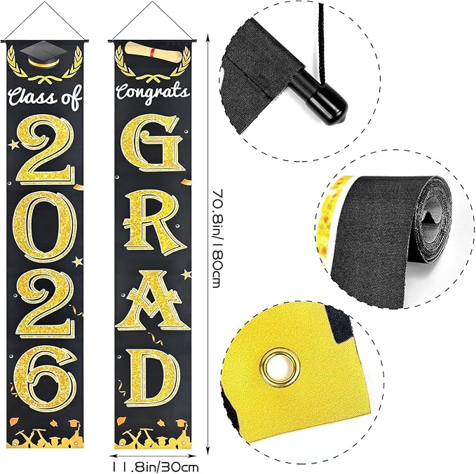 Black Gold Graduation Decorations Class of 2026 Congrats Grad Banner Grad Porch - Image 4