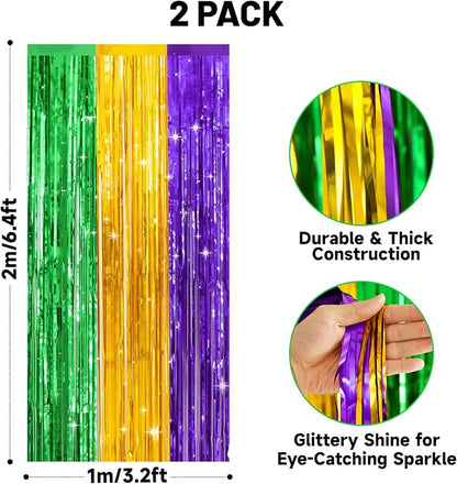 jijAcraft Purple Gold Green Tinsel Foil Fringe Curtain, 2 Pack 3.2x6.5 Feet - Image 2