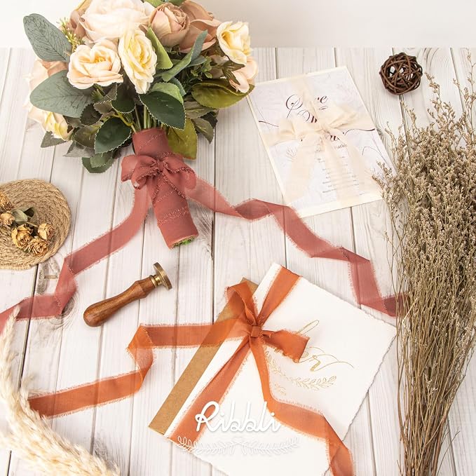 Ribbli Fall Chiffon Silk Ribbon 1Inch x 24 Yard Champagne/Terracotta/Rust Red - Image 3