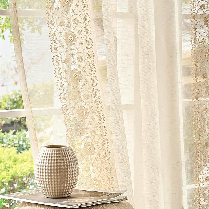 jinchan Floral Sheer Linen Curtains, Back Tab 50x63 Inch, 2 Panels Ivory | Semi by JINCHAN