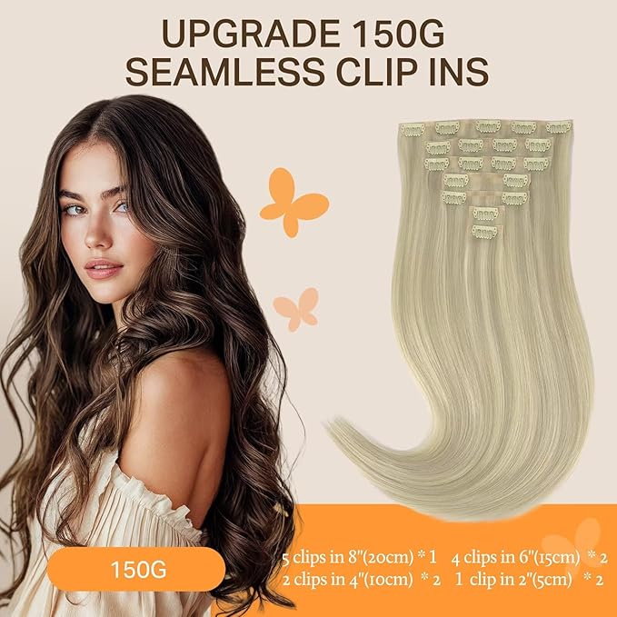 DOORES Clip in Hair Extensions, Real Human Hair, Ash Blonde Highlighted Platinum Blonde, 150g, 7pcs, 20 Inch, Invisible Edge