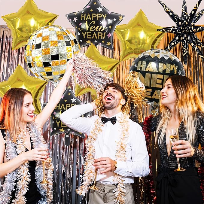 Black and Gold Happy New Year Balloons, 18 Inch New Years Foil Balloons - Image 5