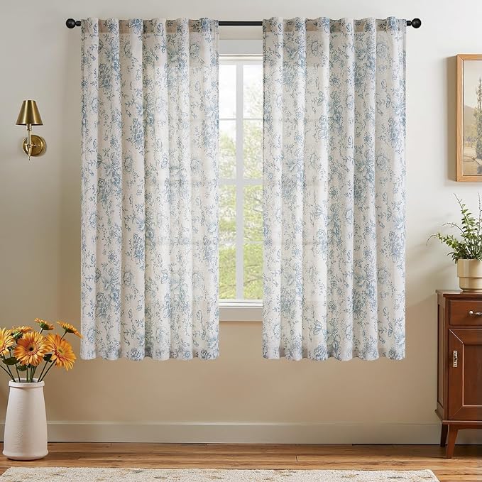 jinchan Blue Floral Linen Curtains 54 Inch Vintage Back Tab 2 Panels | Light - Image 7