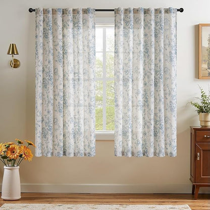 jinchan Blue Floral Linen Curtains 54 Inch Vintage Back Tab 2 Panels | Light - Image 7