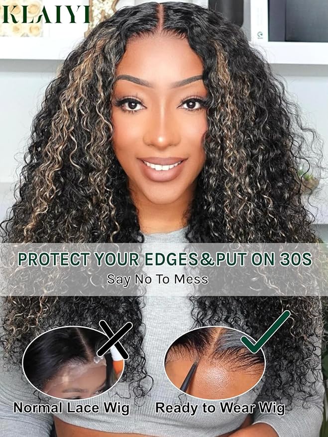 KLAIYI Ombre Highlight Blonde Water Wave Glueless Pre Everything 13x4 Lace Front Wigs Human Hair Drawstring Pre Plucked Pre Bleached Bye Bye Knots Curly Wig with Dark Roots Ready to Wear and Go 18Inch