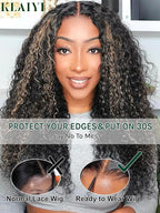 KLAIYI Ombre Highlight Blonde Water Wave Glueless Pre Everything 13x4 Lace Front Wigs Human Hair Drawstring Pre Plucked Pre Bleached Bye Bye Knots Curly Wig with Dark Roots Ready to Wear and Go 16Inch
