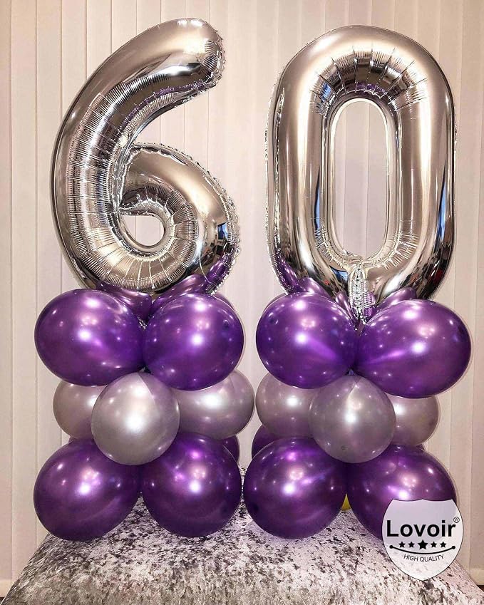 Silver 60 Number Balloons, 40 Inch Giant Number 60 Balloons Foil Mylar Helium - Image 4