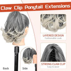 KooKaStyle Ponytail Extension, 10" Short Claw Clip in Pony Tails Hair Extensions Curly Wavy Synthetic Drawstring Hairpieces for Women(Gray and White Tips)
