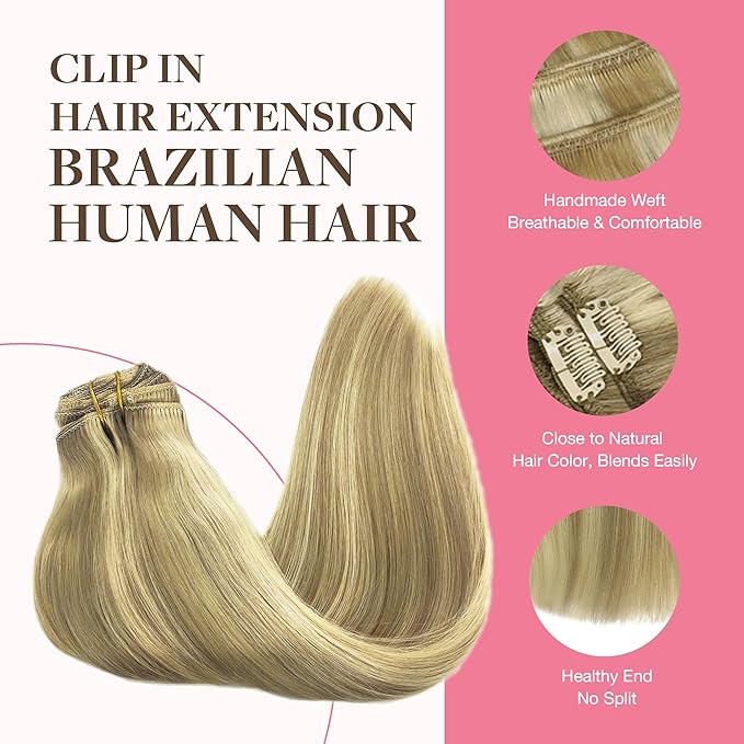 GOO GOO Clip in Hair Extensions Real Human Hair, Remy Human Hair Extensions Clip ins for Women, Natural Human Hair, 14inch 150g 9Pcs, 16/22 Light Blonde Highlighted Golden Blonde