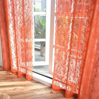 Burnt Orange Sheer Kitchen Curtains Leaf Floral W42 x L45 Inch 2 Panels | Rod - Image 4