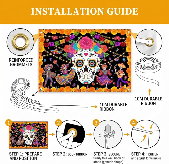 Day of The Dead Backdrop 59x39in Floral Sugar Skull Banner | Washable polyester - Image 3