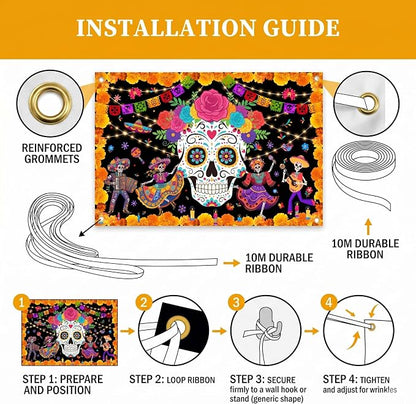 Day of The Dead Backdrop 59x39in Floral Sugar Skull Banner | Washable polyester - Image 3