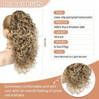 Flufymooz 100％ Pure Protein Ponytail Extension, 18 Inch Curly Claw Clip Ponytail Hair Extensions Natural Soft pony tail hairpiece for women-Dark Blonde