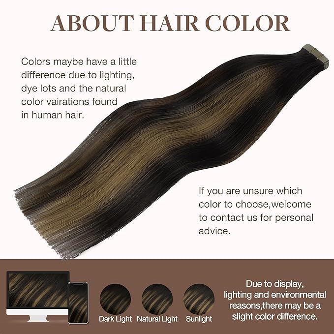 GOO GOO Tape in Hair Extensions Human Hair, 1B/6/1B Balayage Natural Black to Chestnut Brown, 14inch 50g 20pcs, Skin Weft Seamless Invisible, Silky Straight with Thick Ends, Remy Human Hair