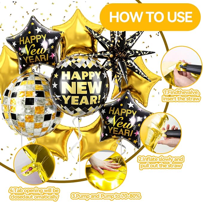 Black and Gold Happy New Year Balloons, 18 Inch New Years Foil Balloons - Image 7