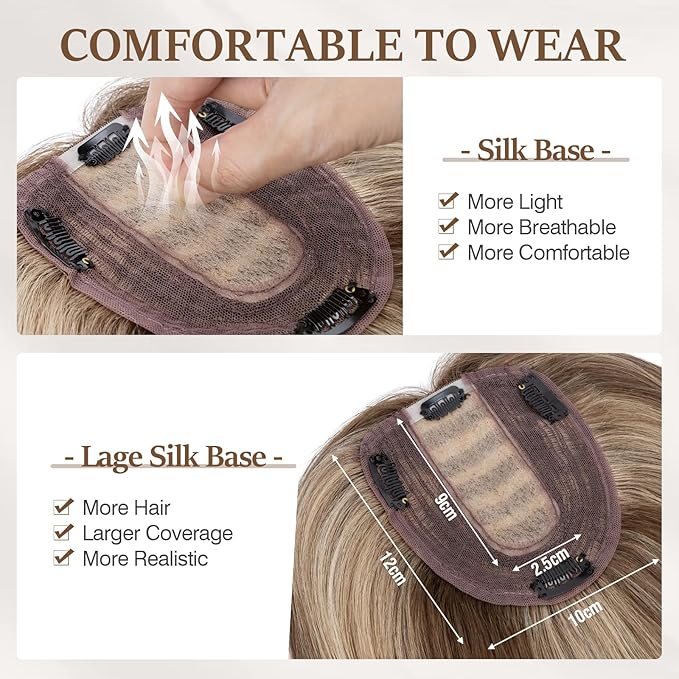 Rich Choices Hair Toppers for Women Real Human Hair 100% Human Remy Toppers NO Bangs with Thinning on Top Clip in Hairpiece 4"x4.7"Lace Base 18 Inch #4P27 Medium Brown Highlights Dark Blonde