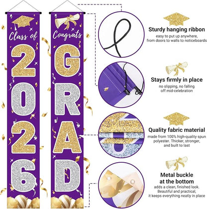 Graduation Decorations 2026, Class of 2026 Banner Congrats Grad | Purple Porch - Image 3