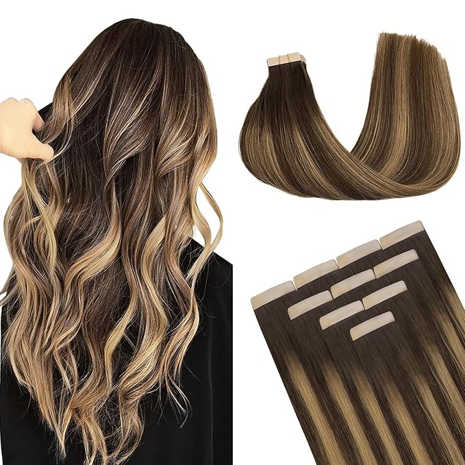 DOORES Tape in Hair Extensions Real Hair, Balayage Chocolate Brown to Caramel Blonde 10pcs 30g 22 Inch, Remy Human Hair Extensions Tape in Natural Hair Straight Skin Weft