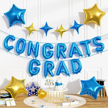 Congrats Grad Balloons, 16 Inch Blue Gold Congrats Grad Letters Banner Balloons by FunHot
