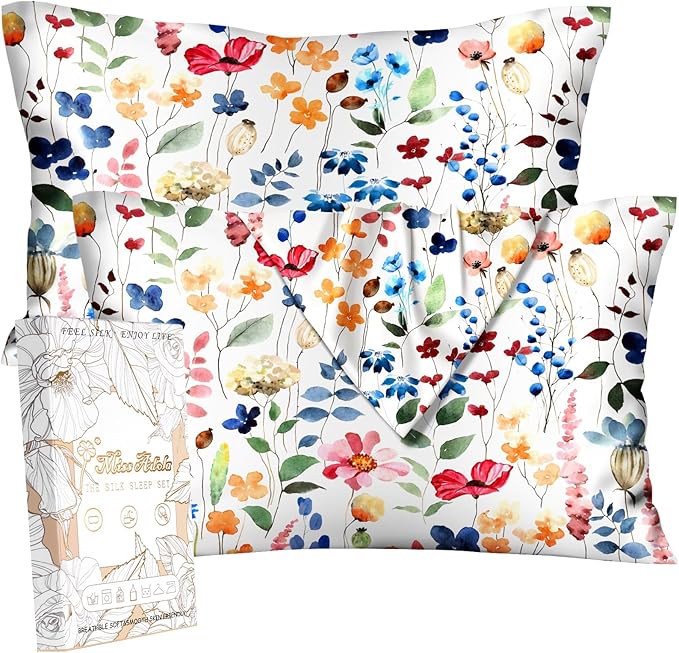 2 Pack Mulberry Silk Pillowcase for Hair and Skin - Standard Size 20 x 26 Inches with Hidden Zipper Watercolor Flower 19 Momme Soft Sleeping Silk Pillow Case for Women, Moms