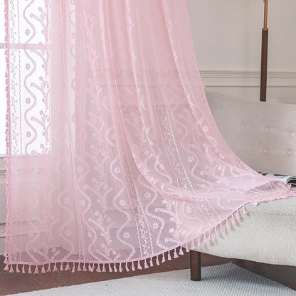 WAZZIO Boho Lace Curtains 84 Inch 2 Panels -Sheer Panel Drape Floral Pattern & by WAZZIO