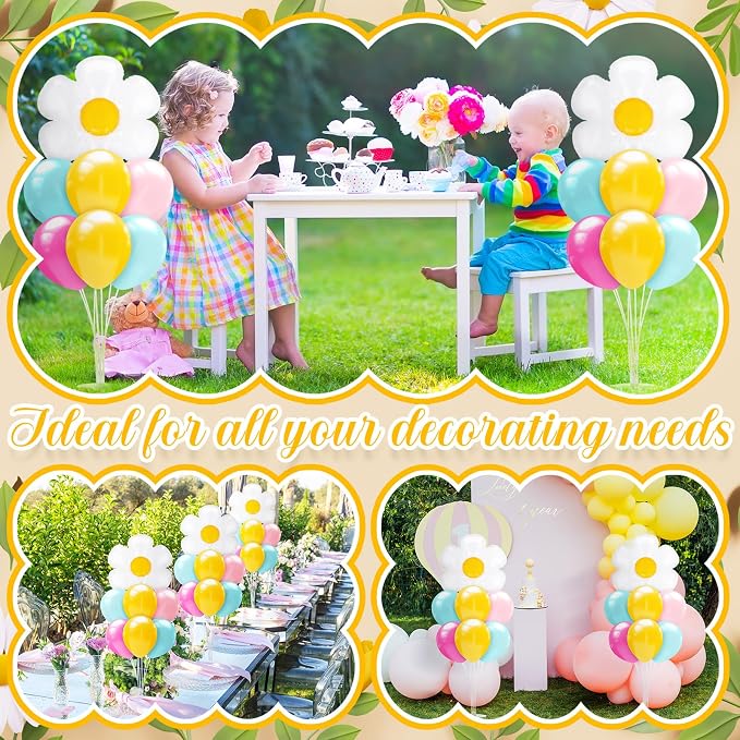 Seematn 2 Set Daisy Balloon Stand Kits Pastel Pink Green Yellow Balloons Sticks - Image 5