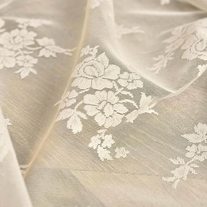 Kotile Beige Lace Kitchen Curtains Rustic Floral W42 x L30 Inch, 2 Panels | Rod - Image 7