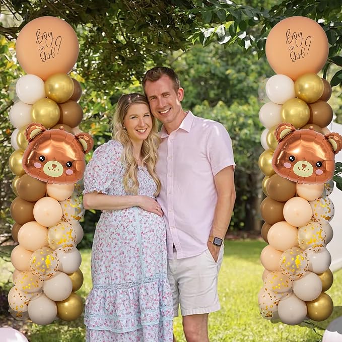 Bear Gender Reveal Balloon Column Stand Set of 2 | 104Pcs Brown Gold White - Image 6