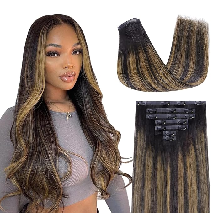Lashey Seamless Clip in Hair Extensions Human Hair Straight 7Pcs 110g 16inch Natural Black Mixed Chestnut Brown Soft Flat PU Weft Clip ins Real Human Hair for Women